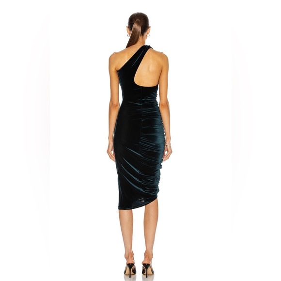 Alix NYC One-Shoulder Emerald Velvet Dress – Asymmetrical Ruched, Size S - Picture 2 of 6